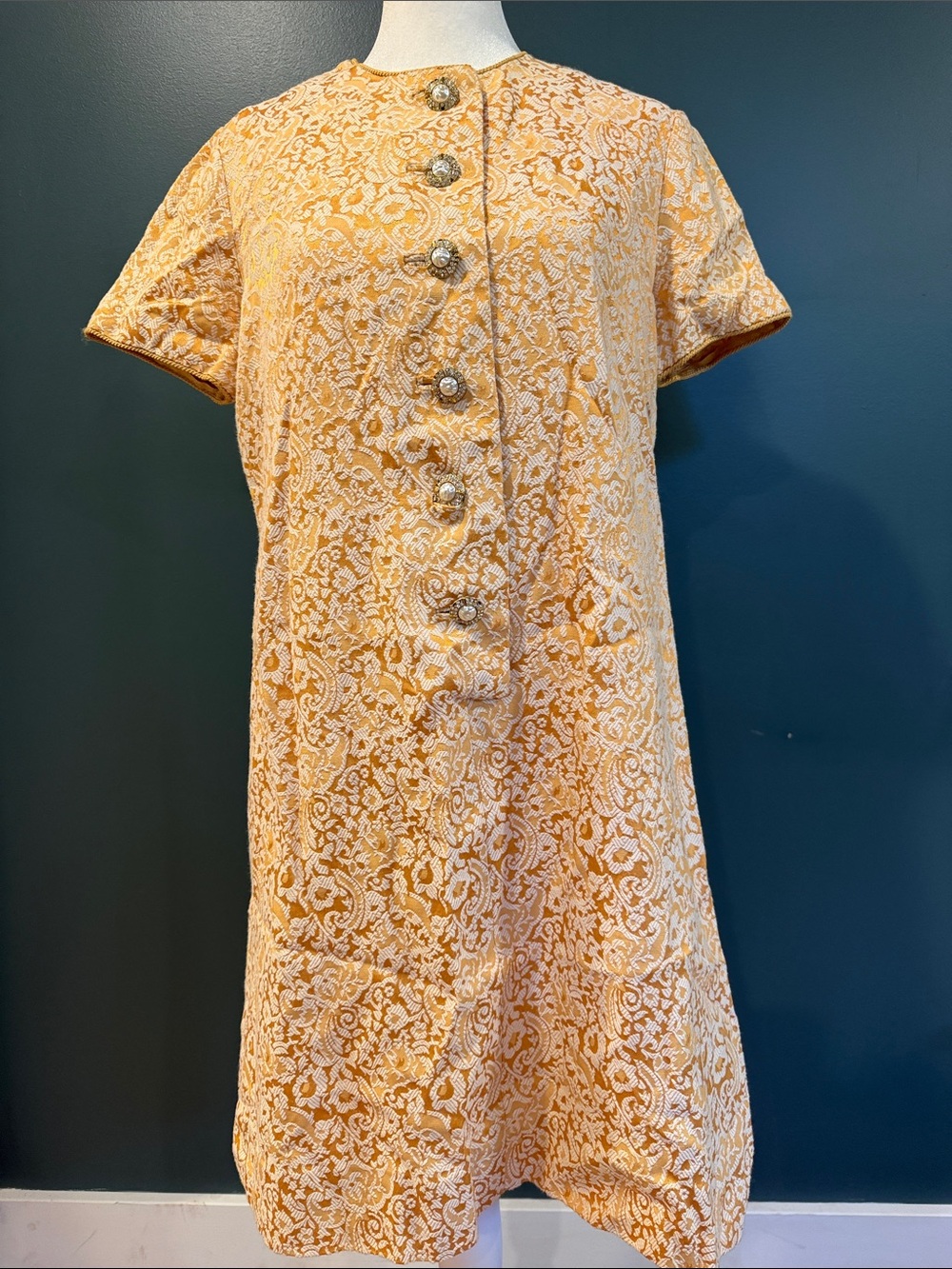 Elegant Orange Lace A-Line Dress with Decorative Buttons